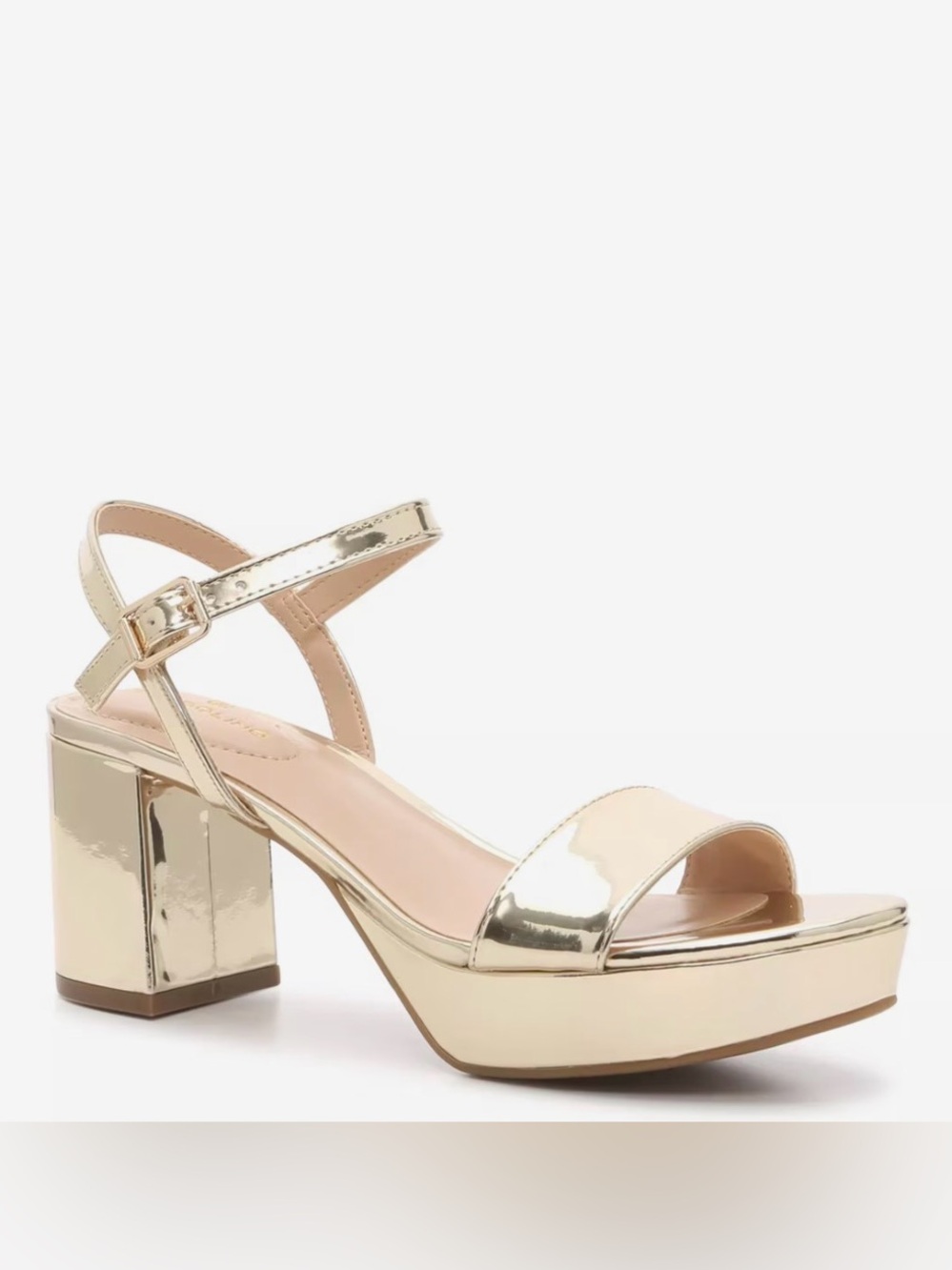 Metallic Gold Block Heel Sandal with Ankle Strap